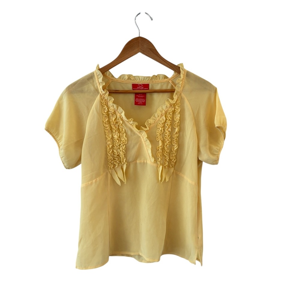 Oscar De La Renta Ruffle Chiffon Blouse Womens‎ 8 Butter Yellow Sheer Retro